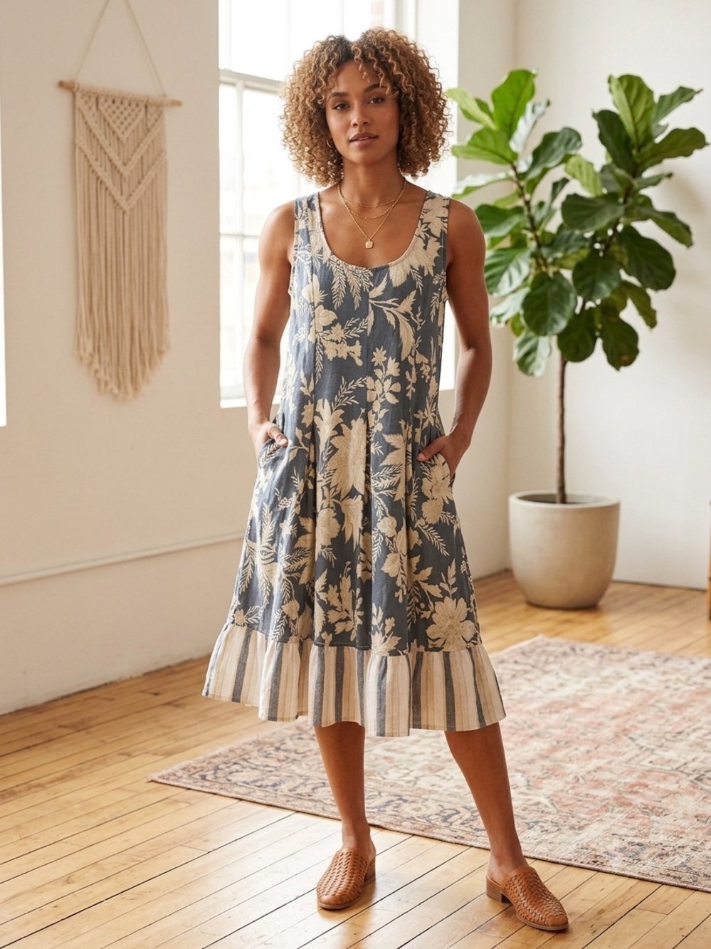 Cino San Cristobal Blue Floral Striped Crinkle Boho Cottagecore Sheer Dress Sm